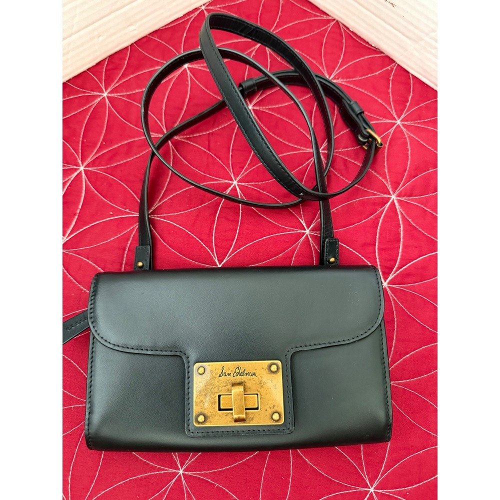 Sam Edelman Black Leather Crossbody Wallet Bag Turn Lock Brass Hardware